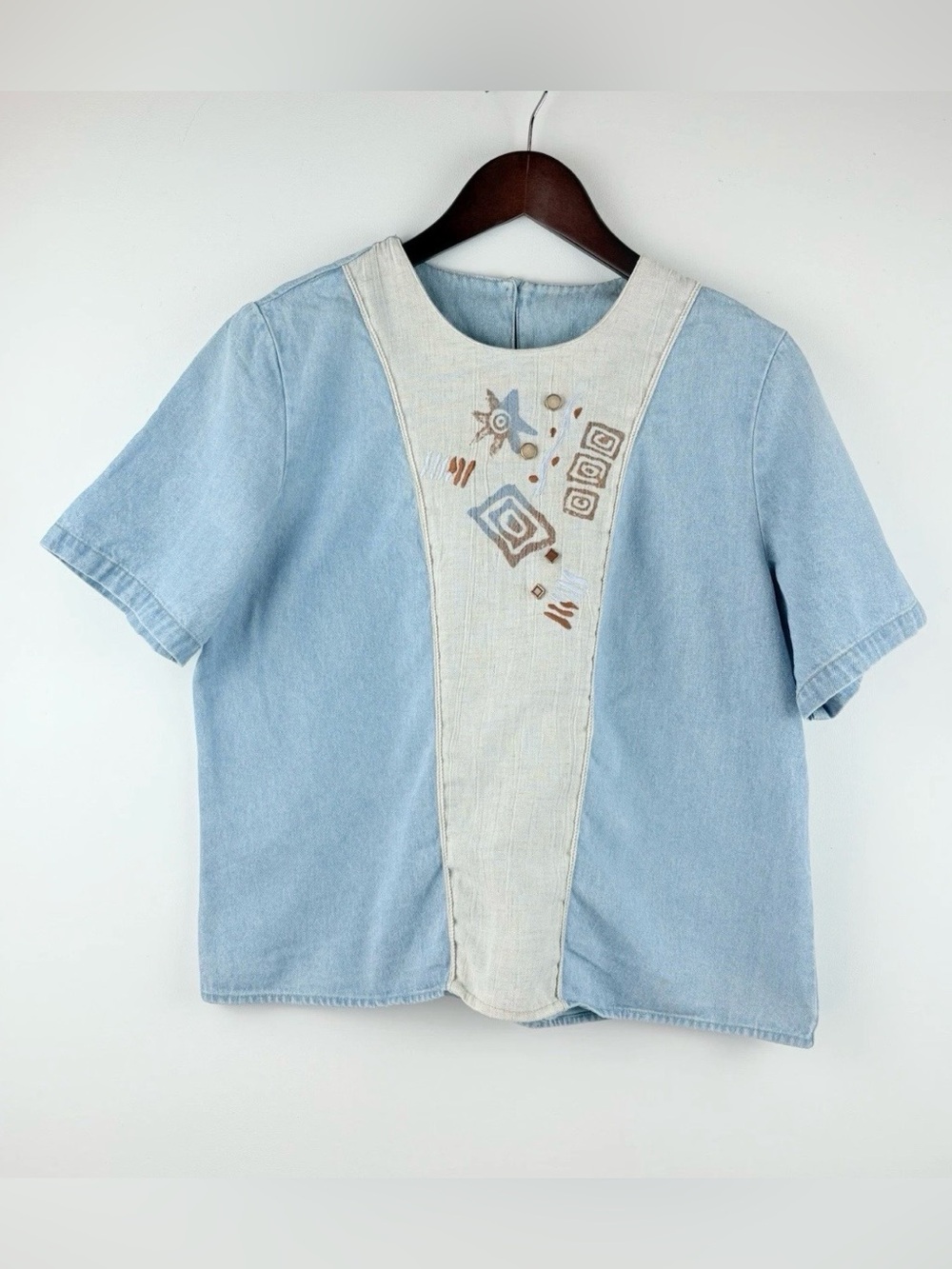 Vintage City Girl Petites Sz 10 Denim Embroidered Shirt Top Cottagecore 80s 90s